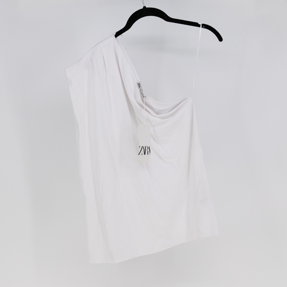 NEW Zara Women's Cotton Asymmetric One Shoulder Tee Shirt Solid White Medium